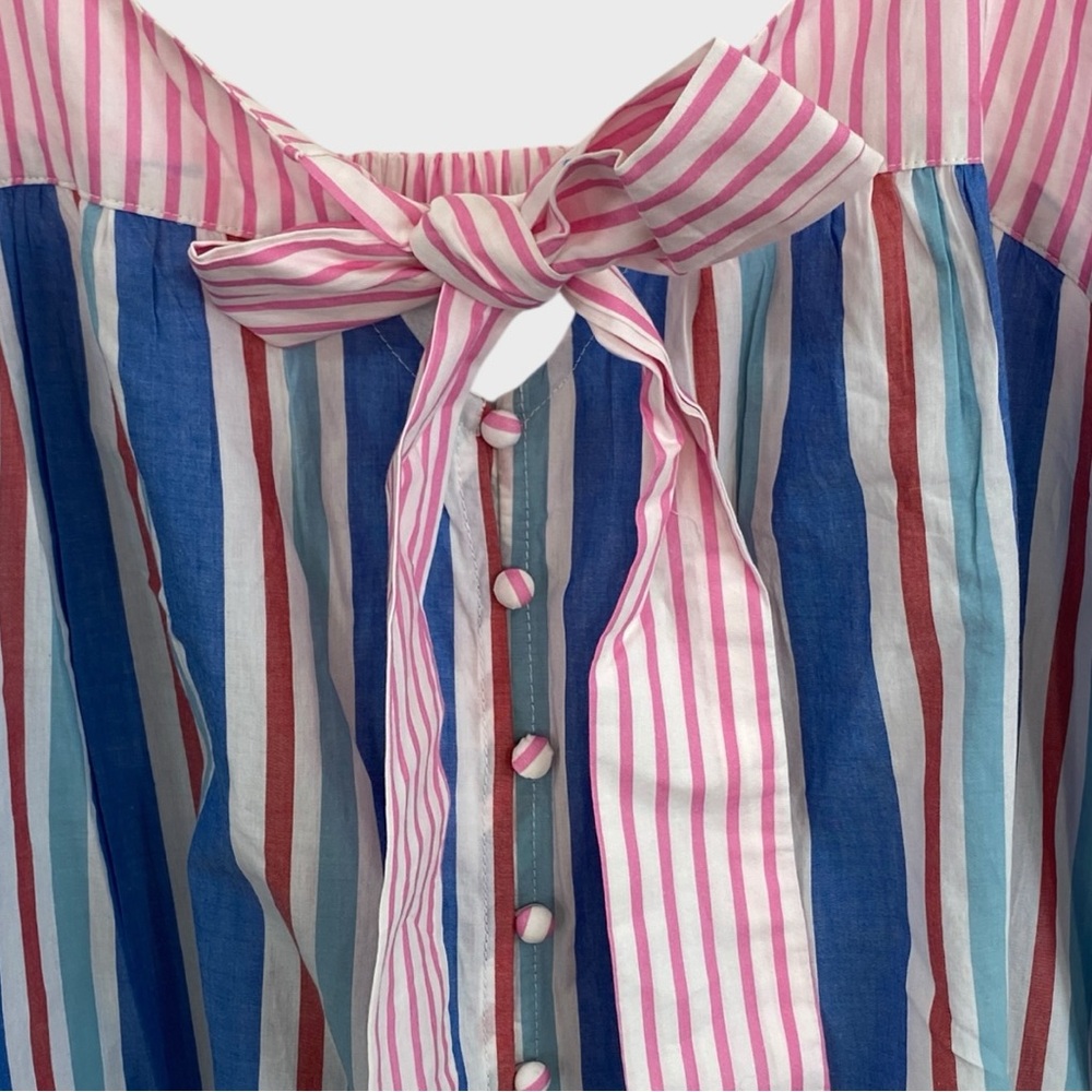Celandine Anthropologie NWT Blue White Pink Pinstripe Bow Accent Jumpsuit - Picture 7 of 12